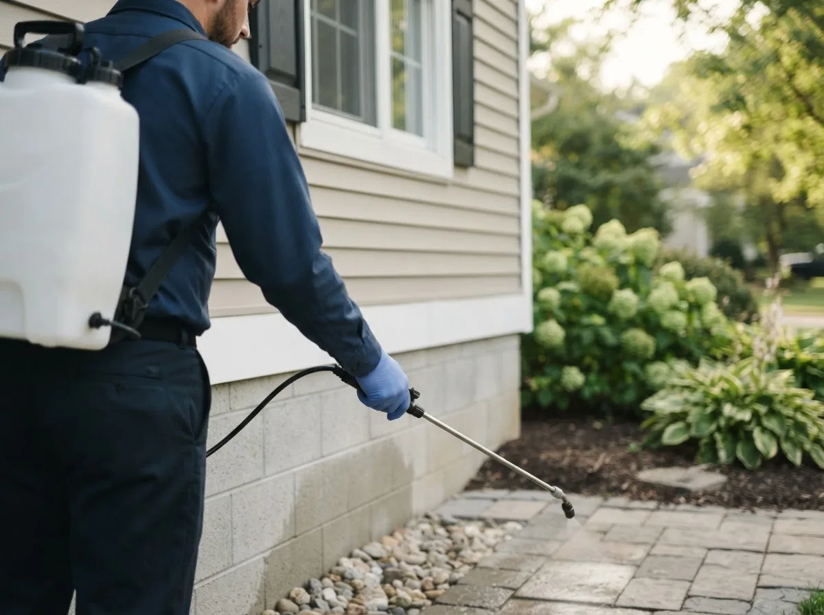 Pest control technician inspecting a home in Old Forge, NY